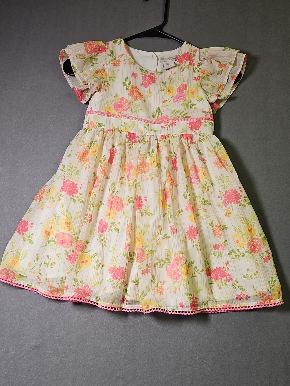 Cynthia Rowley Girls Floral Dress Size S Cream Gold Metallic Stripe Scallop Trim